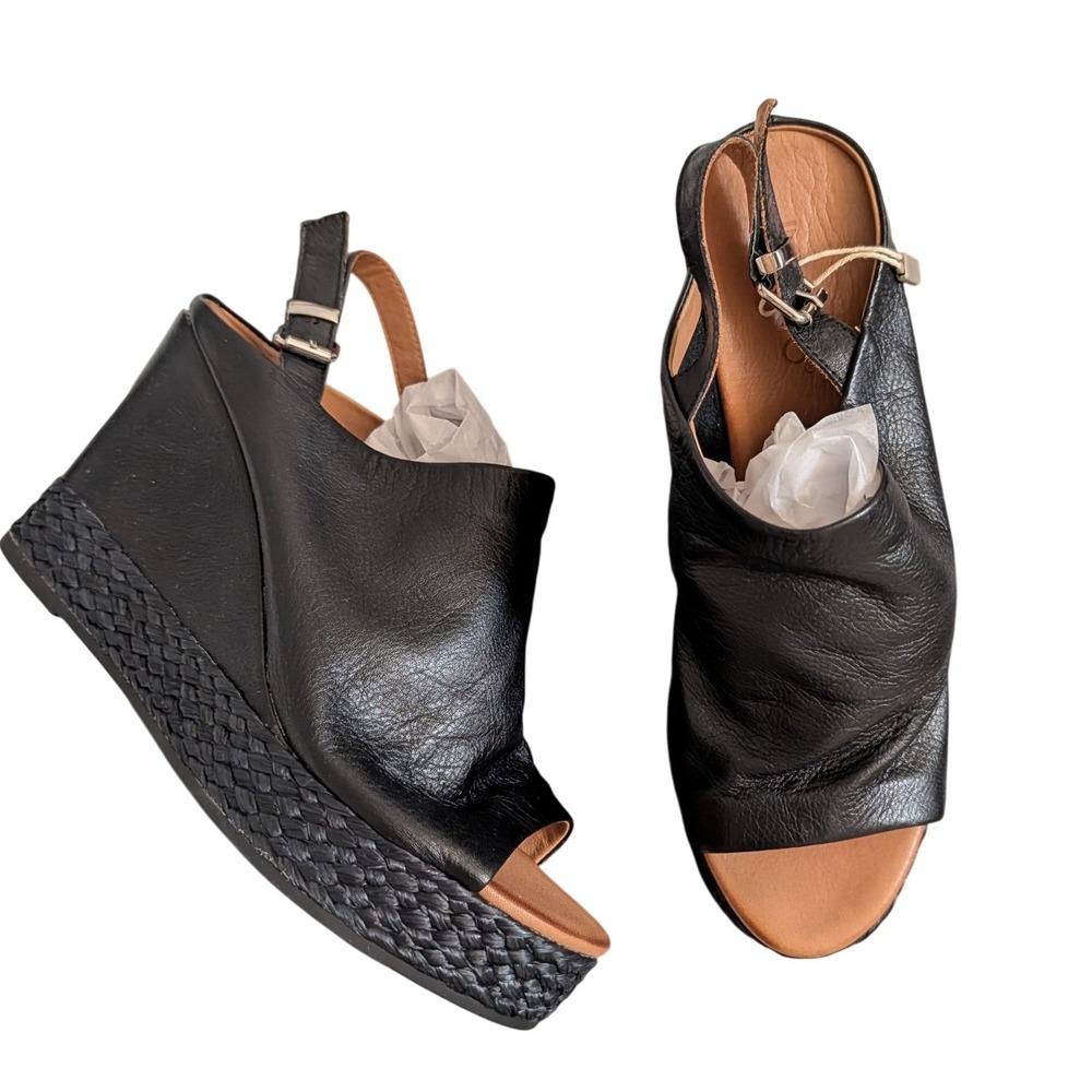 Inuovo Black Leather Slingback Wedge Sandals Braided Raffia Trim EU 39